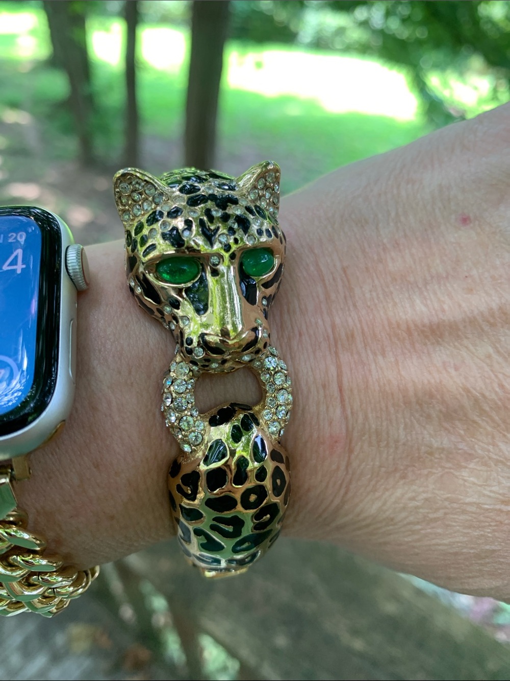 Ciner Leopard Hinged Bracelet with Swarovski Crystals and Green Cabochon Eyes - Picture 2 of 16